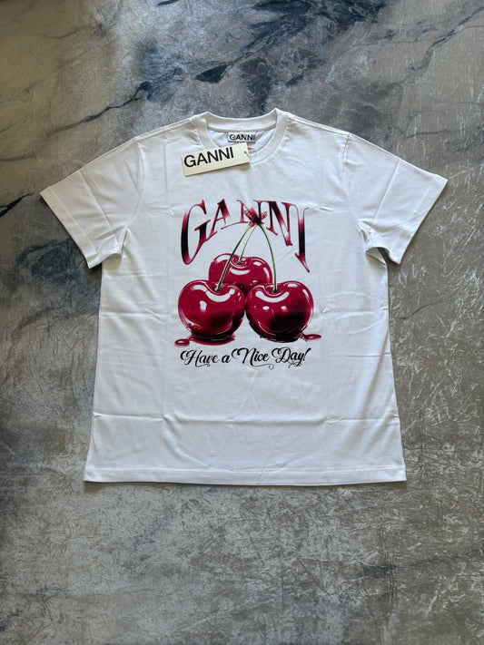 Ganni T-shirt – Cherries “Have a Nice Day!”